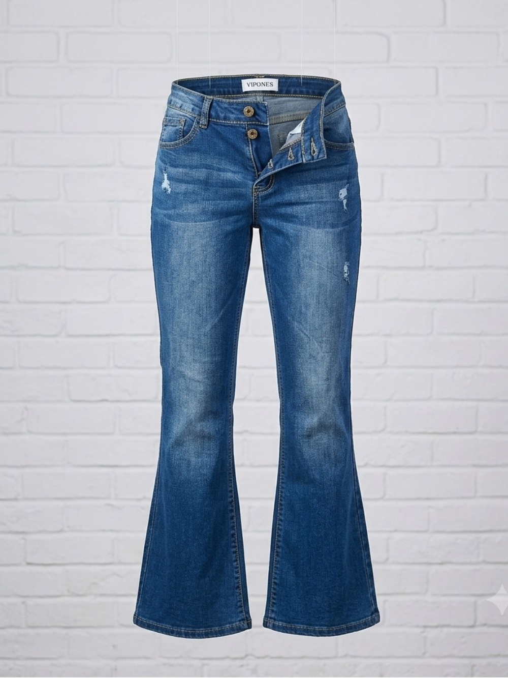 VIPONES High Rise Distressed Blue Wash Flare Leg Stretch Denim Jeans Womens Sz 6